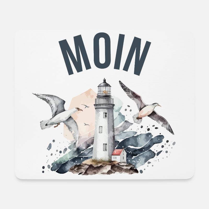 Moin (mit Leuchtturm und Möwen) - Mousepad (Querformat) - Weiß