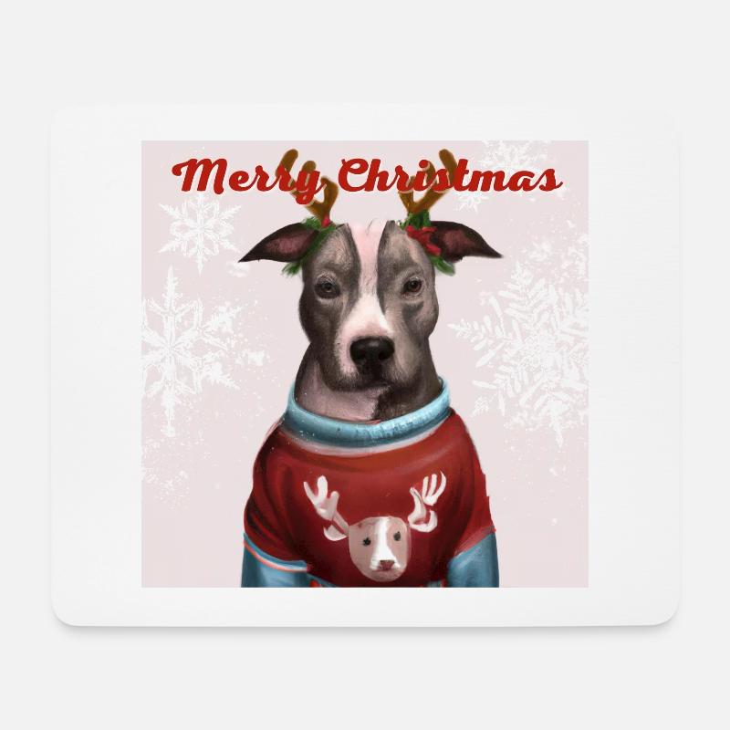 Pitbull-Porträt in einem weihnachtlichen Rentierpullover. - Mousepad (Querformat) - Weiß