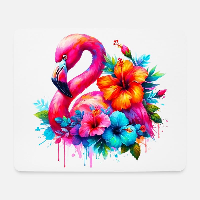 Flamingo verziert mit Hibiskusblüten - Mousepad (Querformat) - Weiß