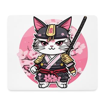 Samurai Katze & Kirschblüten #6 - Mousepad (Querformat) - Weiß - Vorne