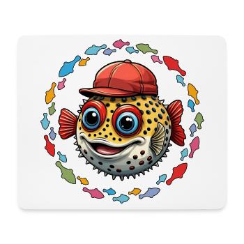 Kugelfisch mit roter Basecap und bunten Fischen - Mousepad (Querformat) - Weiß - Vorne