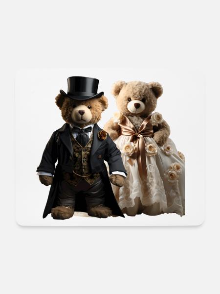 Zwei glückliche Teddybären in Hochzeitskleidung - Mousepad (Querformat) - Weiß