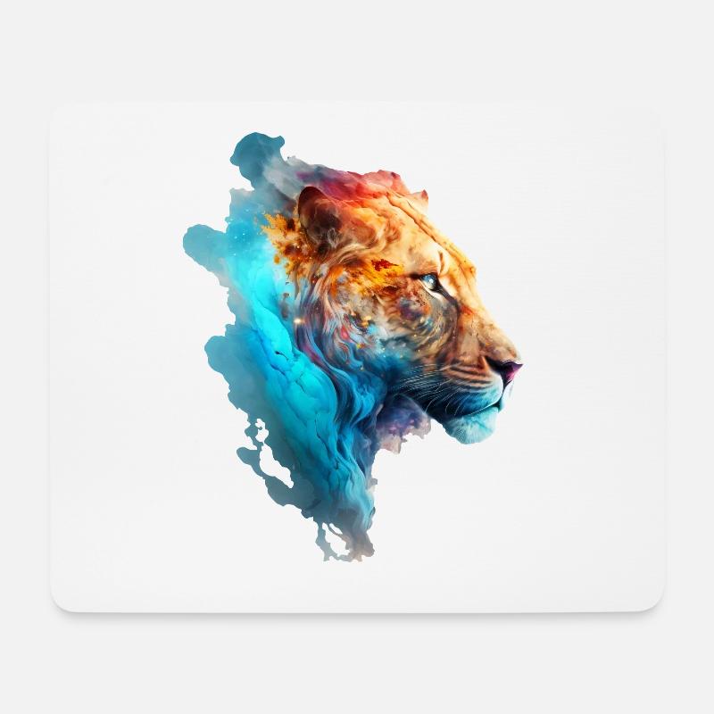 Wunderschöne bunte Löwin im blauen Rauch - Mousepad (Querformat) - Weiß