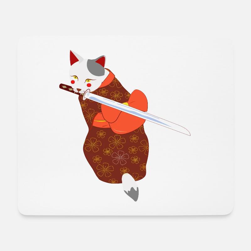 cat in kimono biting sword - Mouse Pad (horizontal) - white