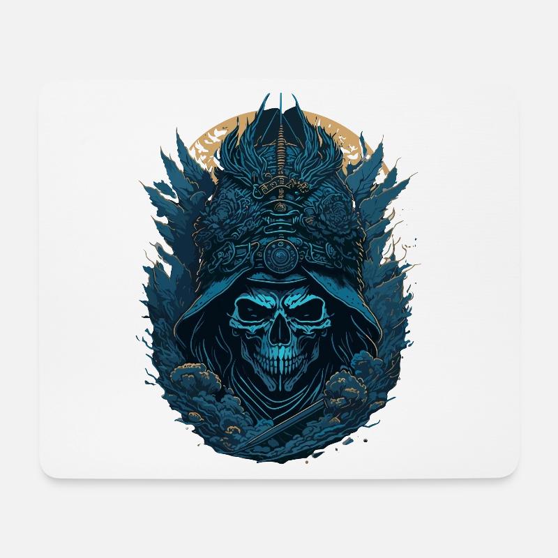 crane squelette samouraï bleu - blue samurai skull - Tapis de souris (format paysage) - blanc