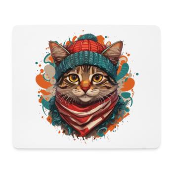 Un chat mignon portant une écharpe épaisse et un chapeau - Tapis de souris (format paysage) - blanc - Devant