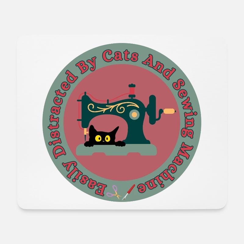 Katze an Nähmaschine Retro - Mousepad (Querformat) - Weiß