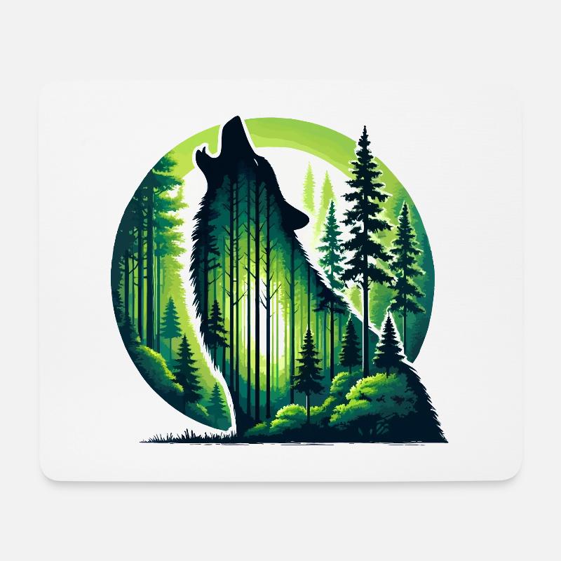 Silhouette heulender Wolf mit grünem Wald - Mousepad (Querformat) - Weiß