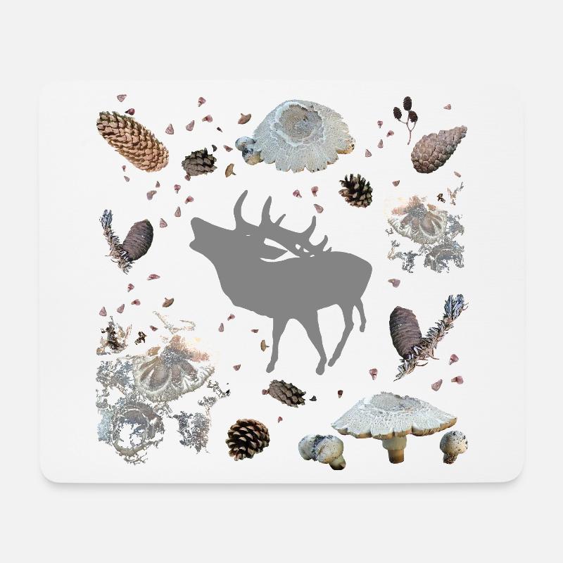 Hirsch mit Tannenzapfen und Pilzen - Mousepad (Querformat) - Weiß