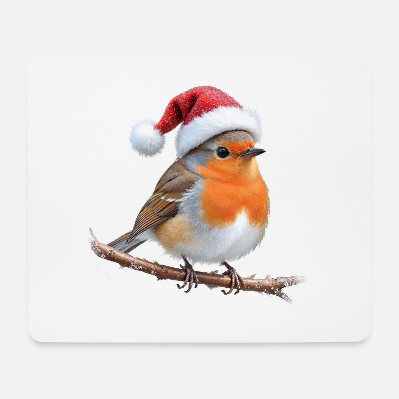 Robin Santa Hut auf Ast - Mousepad (Querformat) - Weiß