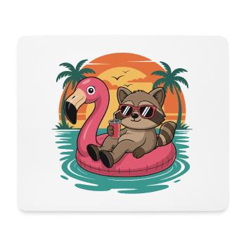 Lustiger Waschbär entspannt sich auf Flamingo Float Sunset - Mousepad (Querformat) - Weiß - Vorne