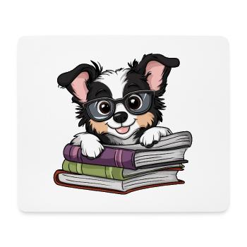 Livre de lecture de chien collet mignon avec des lunettes - Tapis de souris (format paysage) - blanc - Devant