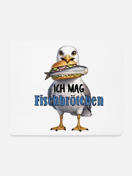Möwe mit Fischbrötchen Illustration - Mousepad (Querformat) - Weiß