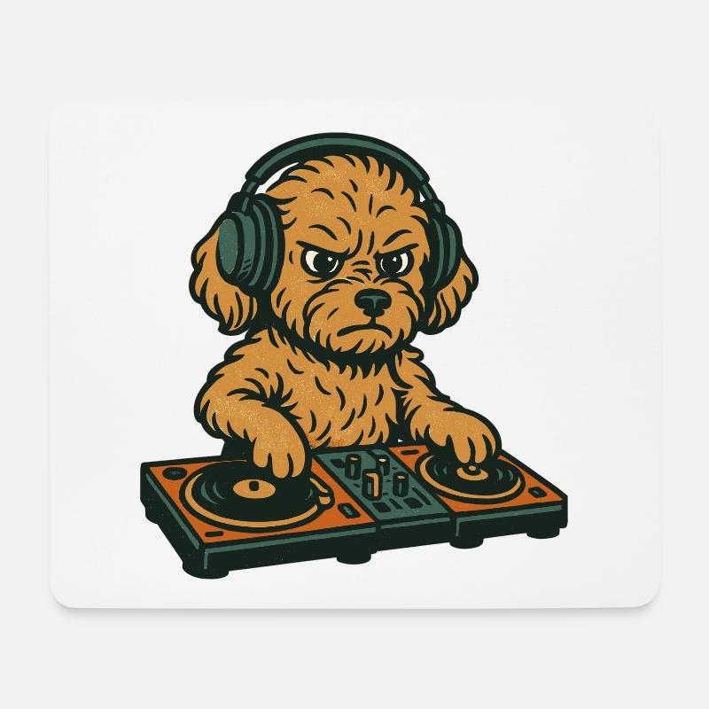 DJ Maltipoo: Retro Hund mit Turntables & Musik - Mousepad (Querformat) - Weiß