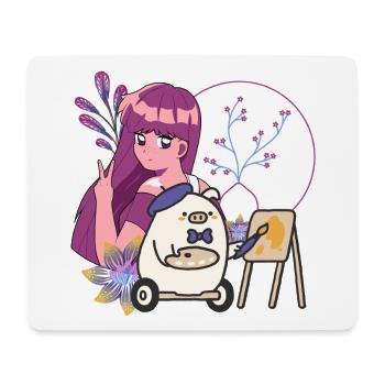 Kawaii Artist & Pig in Wheelchair - Mouse Pad (horizontal) - white - Front