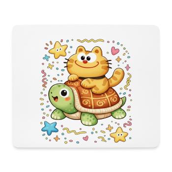 Kawaii Cat Rides Turtle - Mouse Pad (horizontal) - white - Front