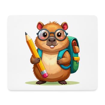 Comic-Biber mit Brille & Schulranzen – Schule - Mousepad (Querformat) - Weiß - Vorne
