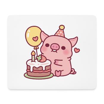 Süßes Schwein mit Geburtstagskuchen und Ballon - Mousepad (Querformat) - Weiß - Vorne