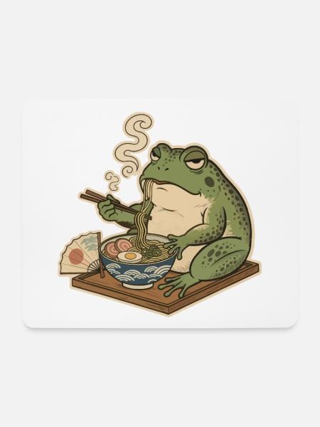 Grummeliger Frosch isst Ramen - Mousepad (Querformat) - Weiß