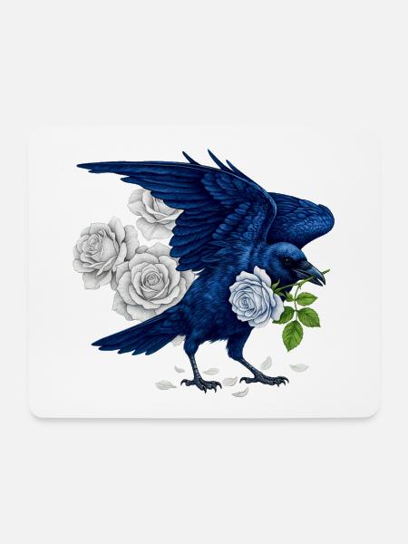 Blauer Rabe und Rosen - Mousepad (Querformat) - Weiß