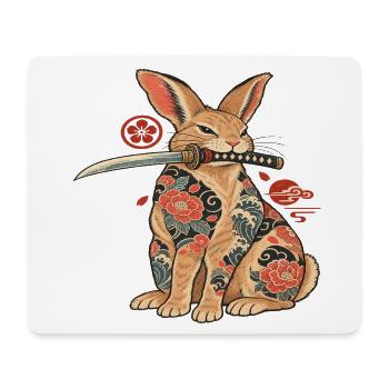 Katzen-Samurai mit Blüten-Tattoo - Mousepad (Querformat) - Weiß - Vorne