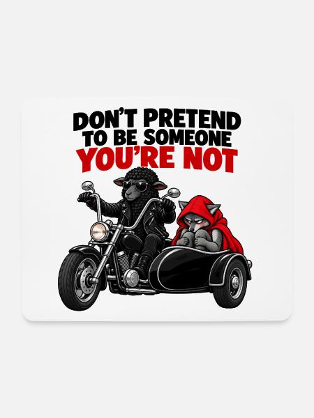 Schwarzes Schaf auf einem Motorrad und Wolf - Mousepad (Querformat) - Weiß