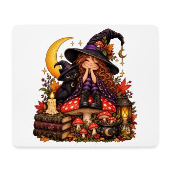 Niedliche Hexe mit schwarzer Katze - Mousepad (Querformat) - Weiß - Vorne
