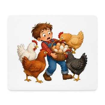 Junge sammelt Eier bei neugierigen Hofhühnern - Mousepad (Querformat) - Weiß - Vorne