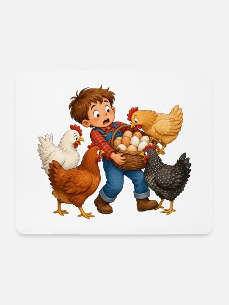 Junge sammelt Eier bei neugierigen Hofhühnern - Mousepad (Querformat) - Weiß