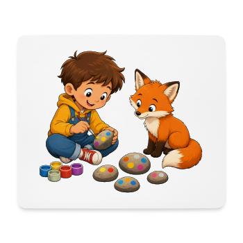 Junge bemalt bunte Steine mit neugierigem Fuchs - Mousepad (Querformat) - Weiß - Vorne