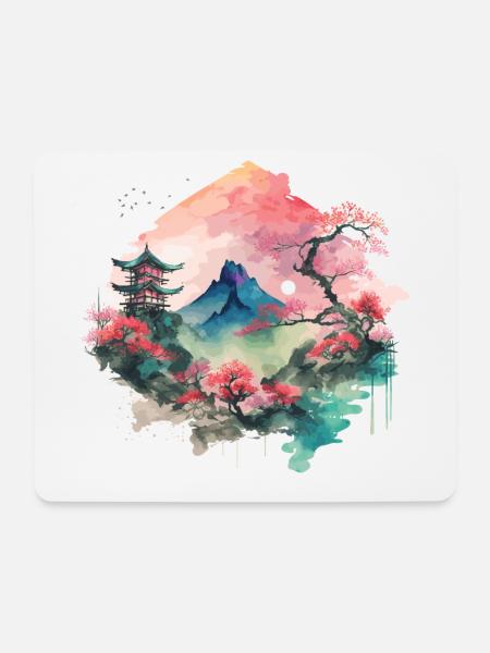 Asiatische Aquarelllandschaft - Mousepad (Querformat) - Weiß