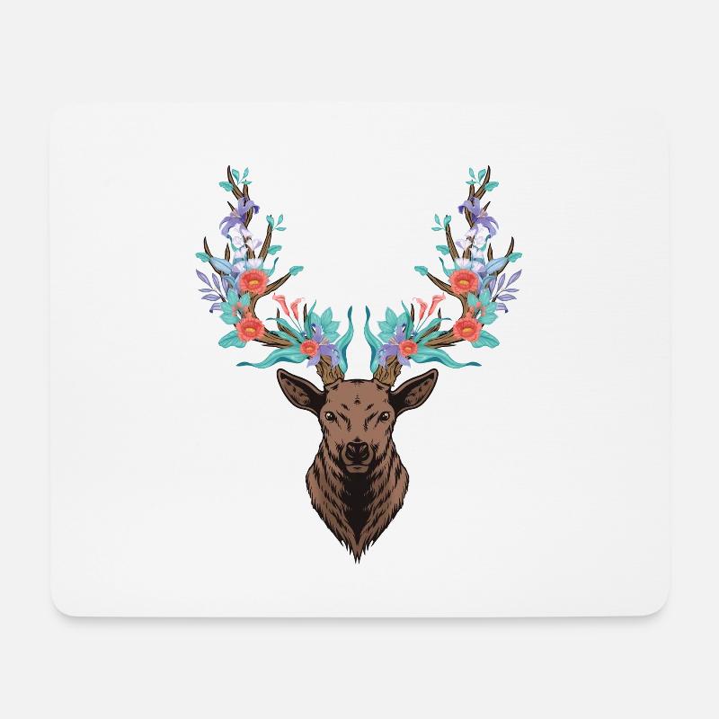 Hirsch. Geweih. Blumen. - Mousepad (Querformat) - Weiß