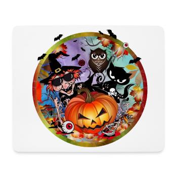 Citrouille d’Halloween avec sorcière, chat, chauve-souris et hibou - Tapis de souris (format paysage) - blanc - Devant