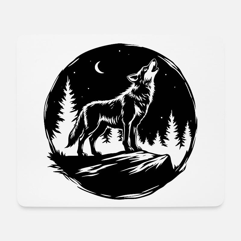 Schwarz-Weiß-Schablone: Heulender Wolf auf einem Felsen - Mousepad (Querformat) - Weiß