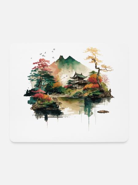 Japanisches Haus am See - Mousepad (Querformat) - Weiß