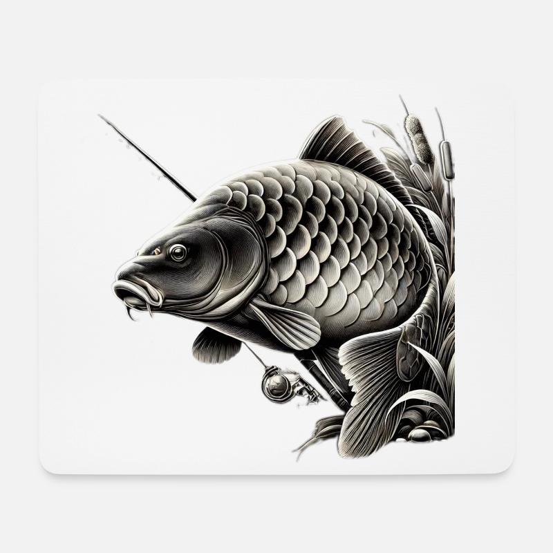 Detaillierte Schwarzweiß Karpfen Illustration - Mousepad (Querformat) - Weiß