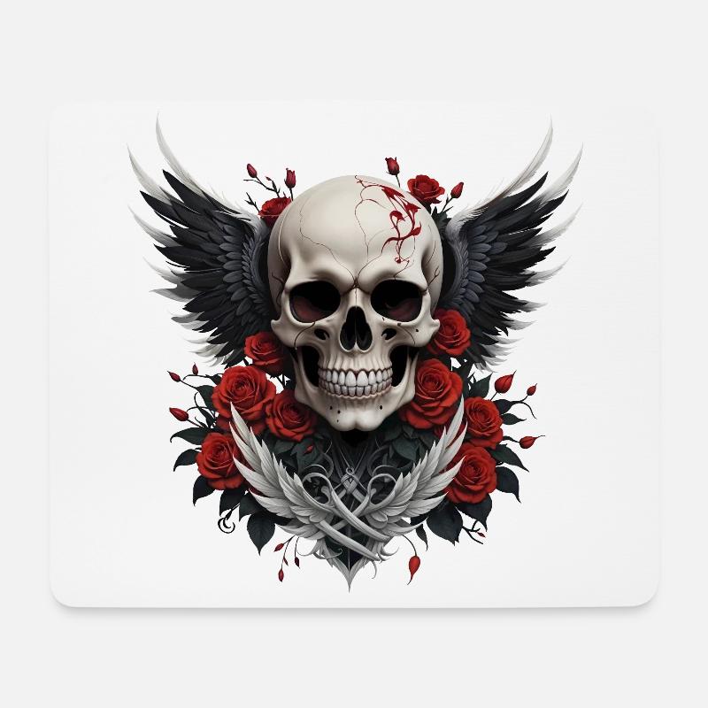 Geflügelter Totenkopf & rote Rosen, Gothic, Totenkopf - Mousepad (Querformat) - Weiß