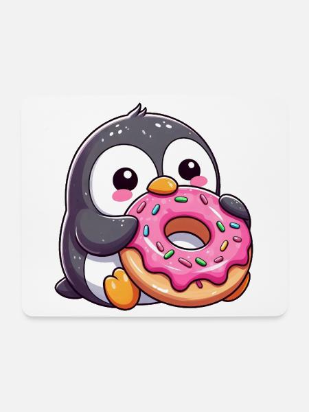 Süßer Pinguin mit Donut im verschneiten Cartoon - Mousepad (Querformat) - Weiß