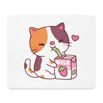 Cute Calico Cat Loves Drinking Strawberry Milk - Mouse Pad (horizontal) - white - Front