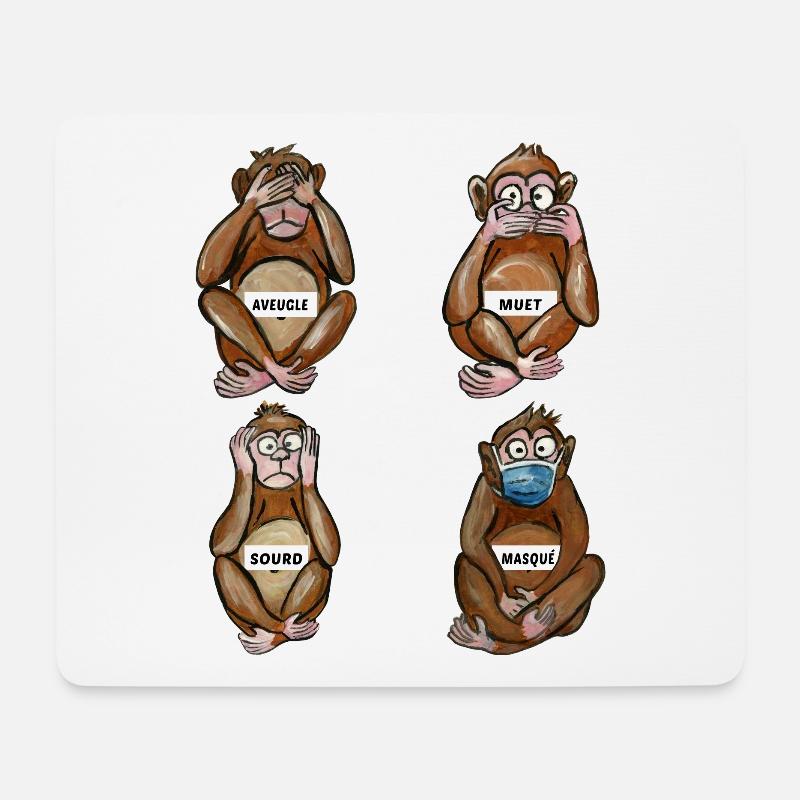 4 singes aveugle muet sourd masque masqué - Tapis de souris (format paysage) - blanc