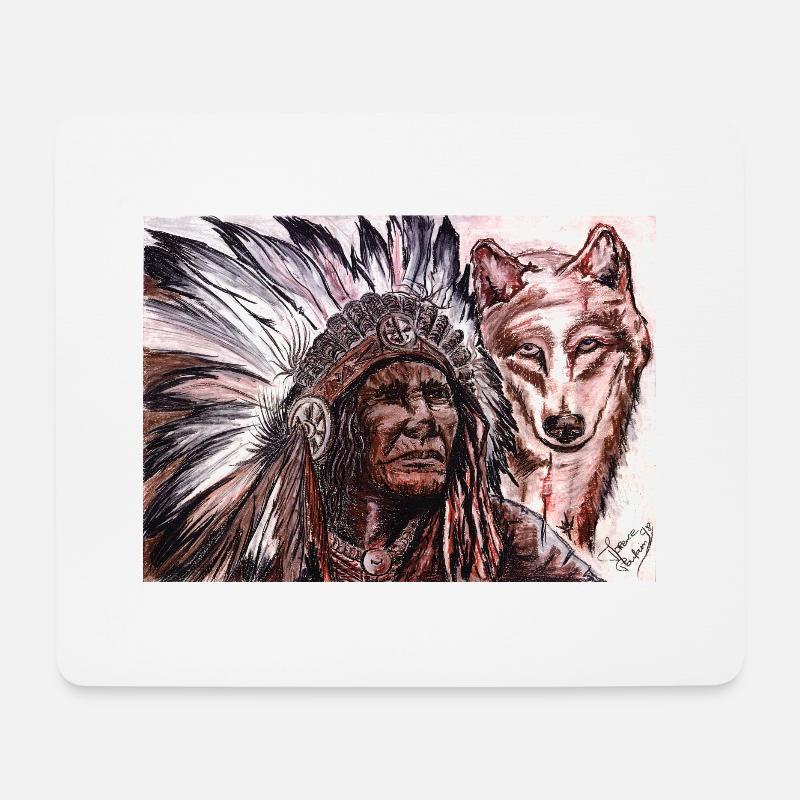 Indischen Chef und Wolf Malerei trockene Pastell Zeichnung - Mousepad (Querformat) - Weiß
