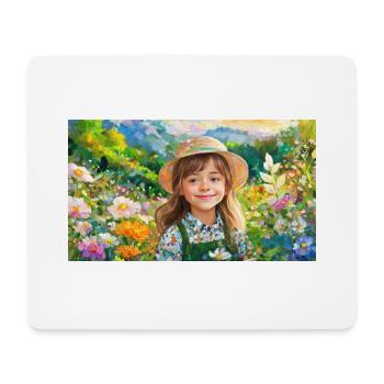 Fille avec chapeau de soleil sur prairie fleurie - Tapis de souris (format paysage) - blanc - Devant