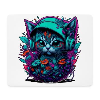 Chat bébé dans la mer de fleurs, en écoutant de la musique - Tapis de souris (format paysage) - blanc - Devant