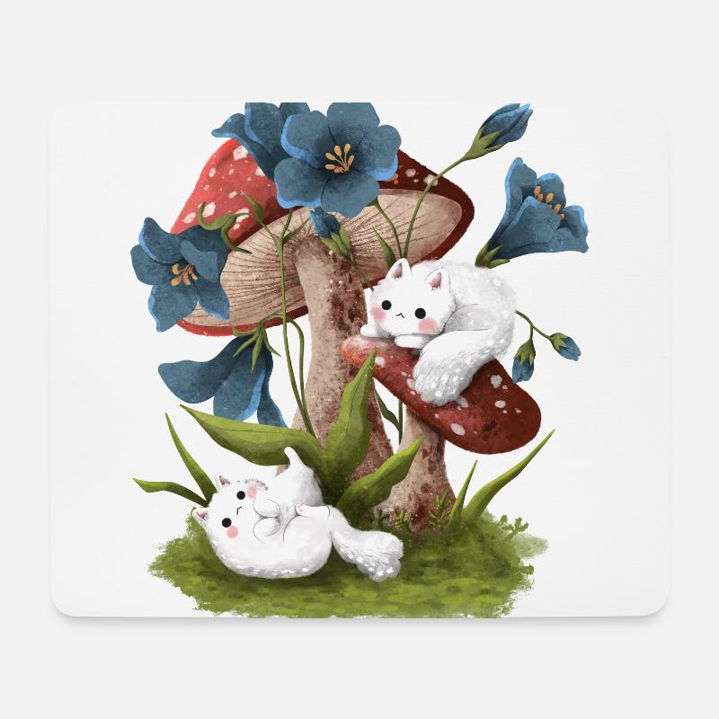 Cats, mushrooms and flowers - Mousepad (Querformat) - Weiß