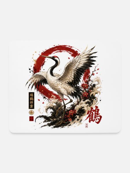 Kranich – Japanese Crane Art Design - Mousepad (Querformat) - Weiß