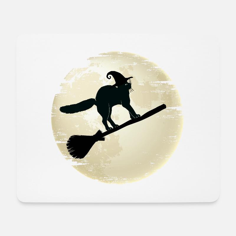 Halloween-Katze auf ihrem Hexenbesen - Mousepad (Querformat) - Weiß