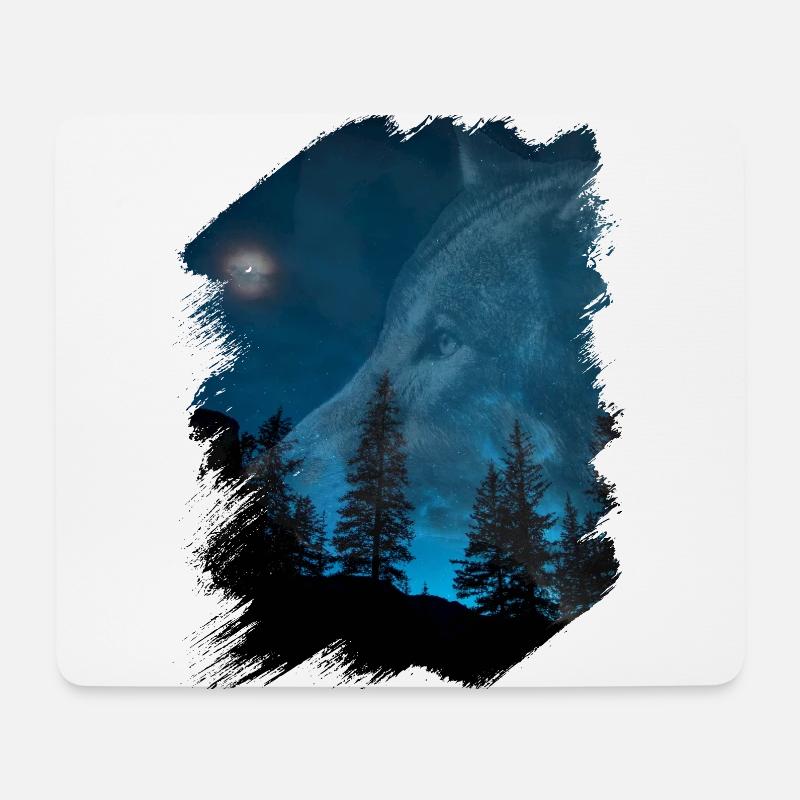 Wolf Mond Wald Brush Stroke Dunkel - Mousepad (Querformat) - Weiß