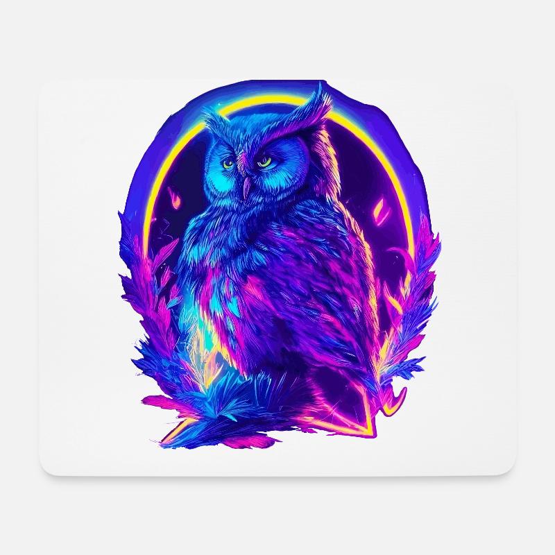 Mystisch leuchtende Eule Neon Synthwave - Mousepad (Querformat) - Weiß