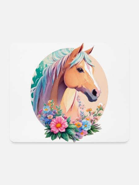 Pastell Farben Pony Pferd Kunst mit Blumen - Mousepad (Querformat) - Weiß