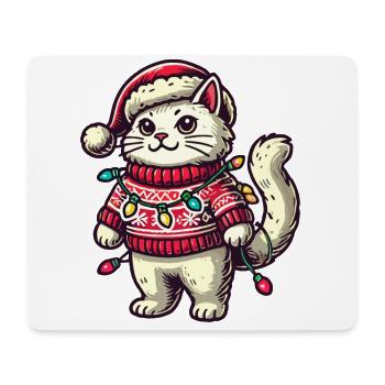 Chat de Noël en pull avec des guirlandes lumineuses - Tapis de souris (format paysage) - blanc - Devant